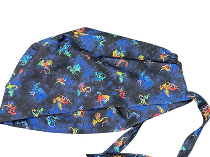 Scrub cap for men: dragon print surgeon style with ties
