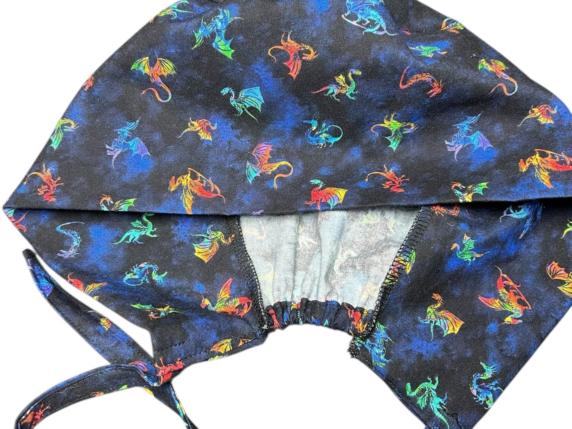 Scrub cap for men: dragon print surgeon style with ties