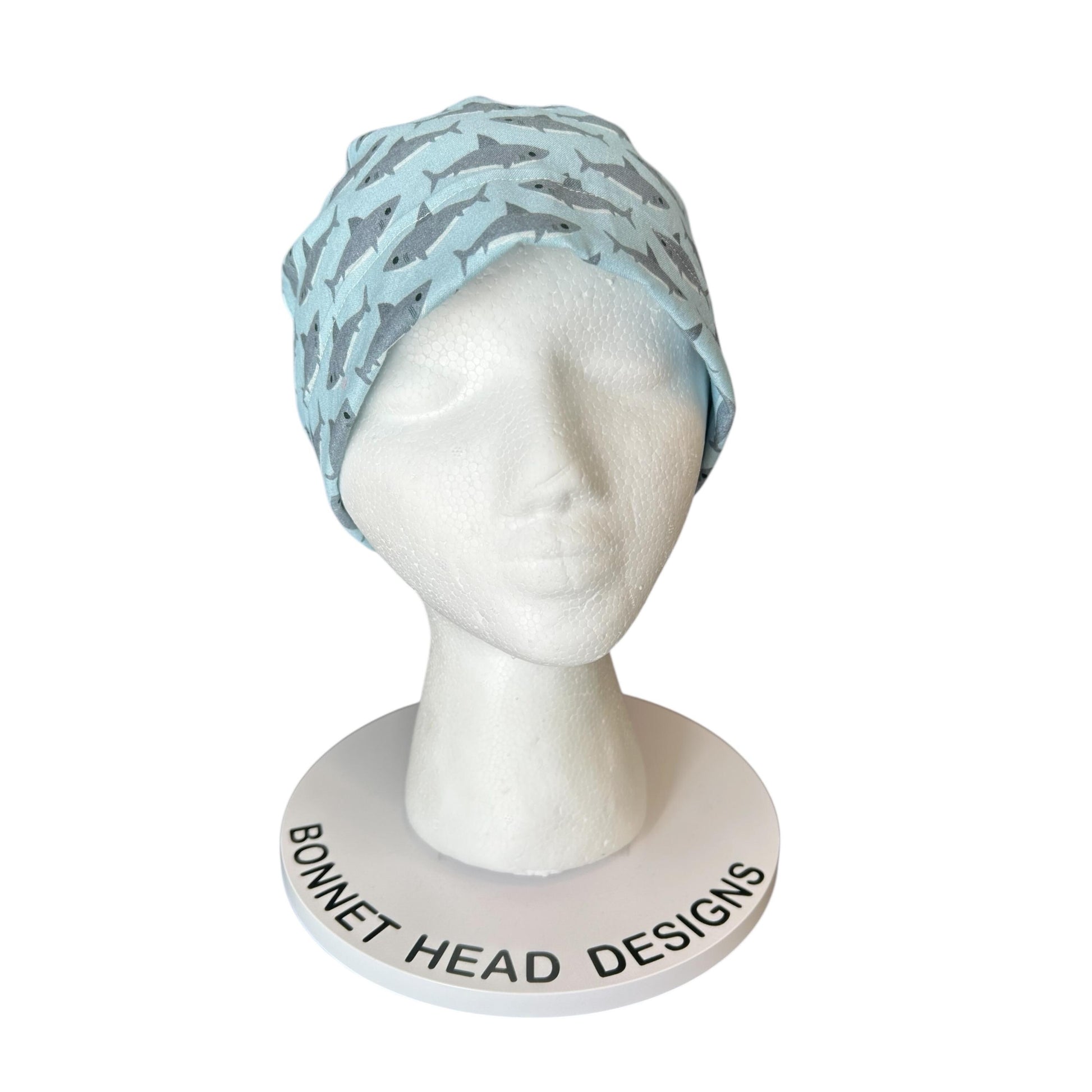 Shark Print Ponytail Scrub Cap- women’s scrub hat with ribbon ties and optional satin lining, nurses week gift