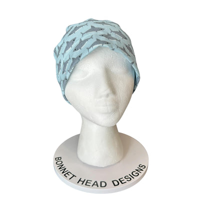 Shark Print Ponytail Scrub Cap- women’s scrub hat with ribbon ties and optional satin lining, nurses week gift