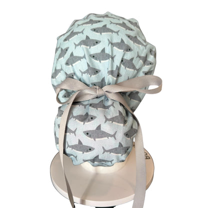 Shark Print Ponytail Scrub Cap- women’s scrub hat with ribbon ties and optional satin lining, nurses week gift