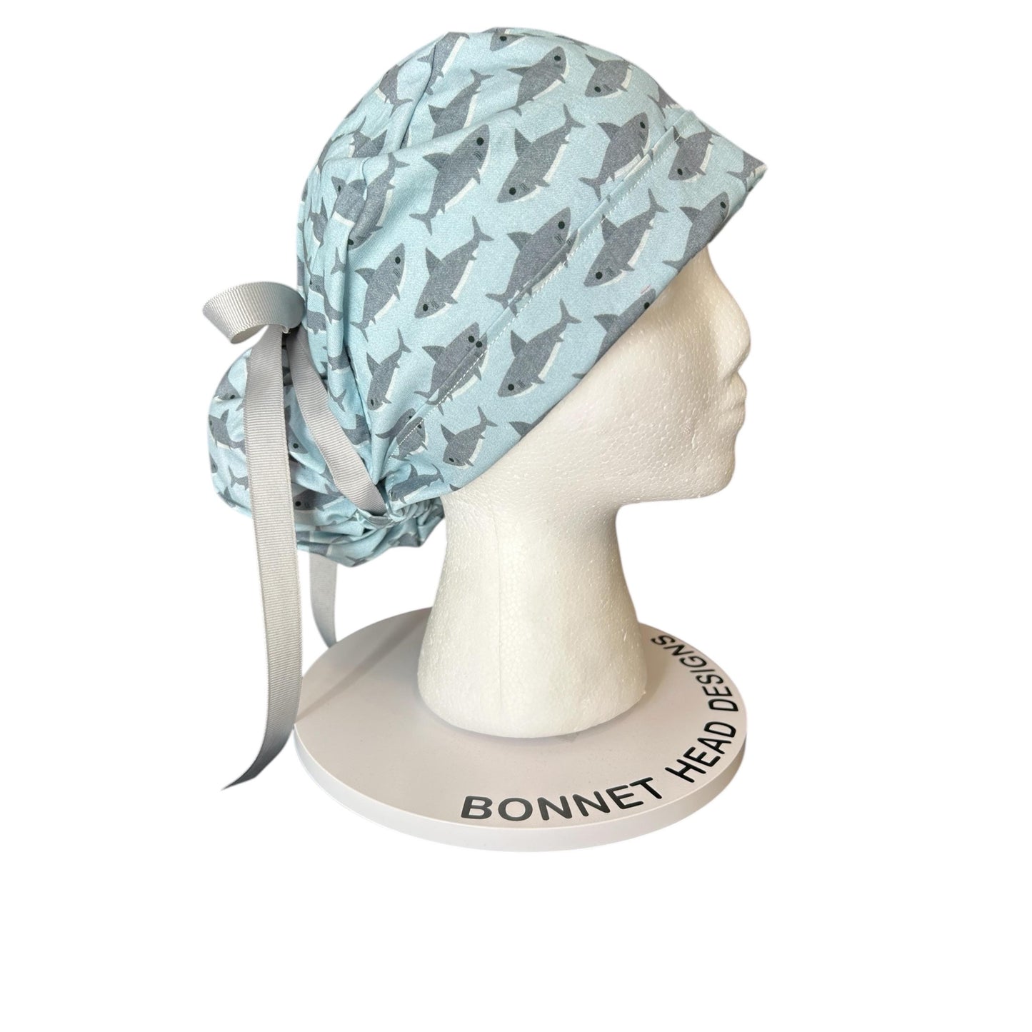 Shark Print Ponytail Scrub Cap- women’s scrub hat with ribbon ties and optional satin lining, nurses week gift