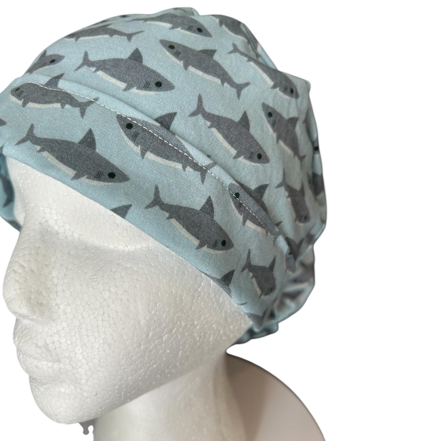 Shark Print Ponytail Scrub Cap- women’s scrub hat with ribbon ties and optional satin lining, nurses week gift