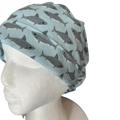 Shark Print Ponytail Scrub Cap- women’s scrub hat with ribbon ties and optional satin lining, nurses week gift
