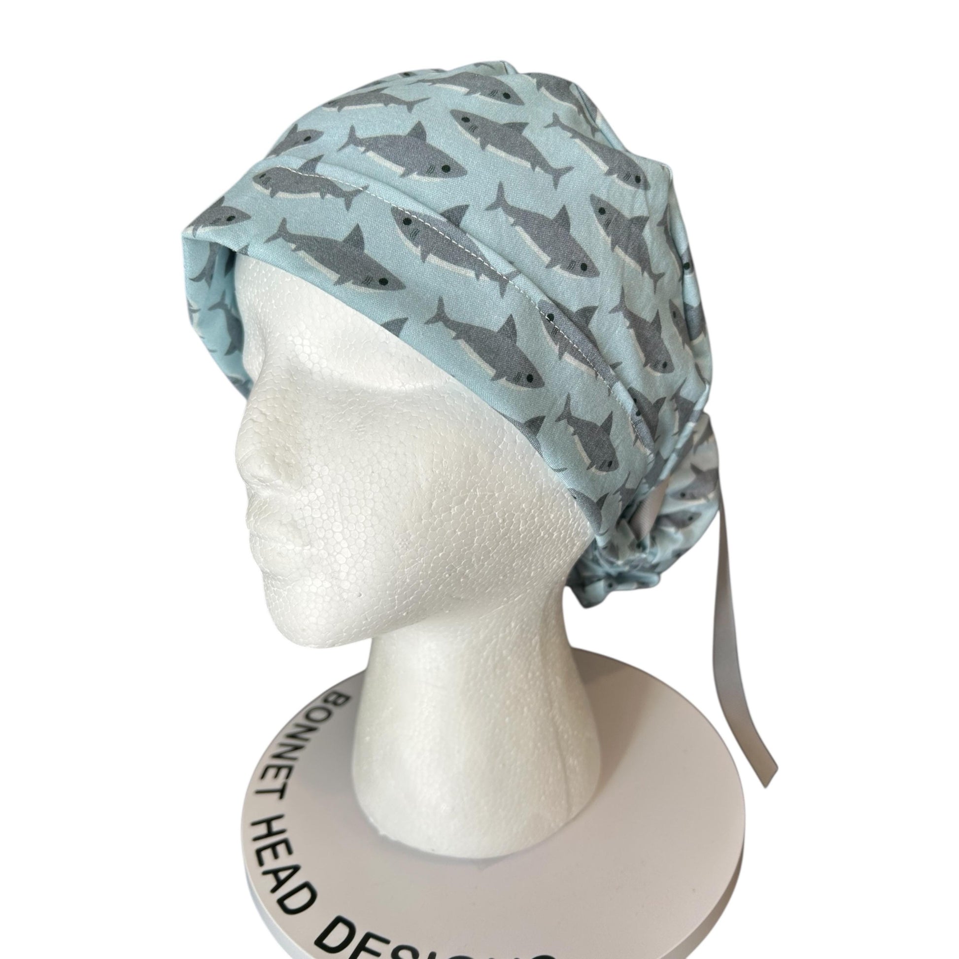 Shark Print Ponytail Scrub Cap- women’s scrub hat with ribbon ties and optional satin lining, nurses week gift