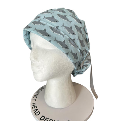 Shark Print Ponytail Scrub Cap- women’s scrub hat with ribbon ties and optional satin lining, nurses week gift