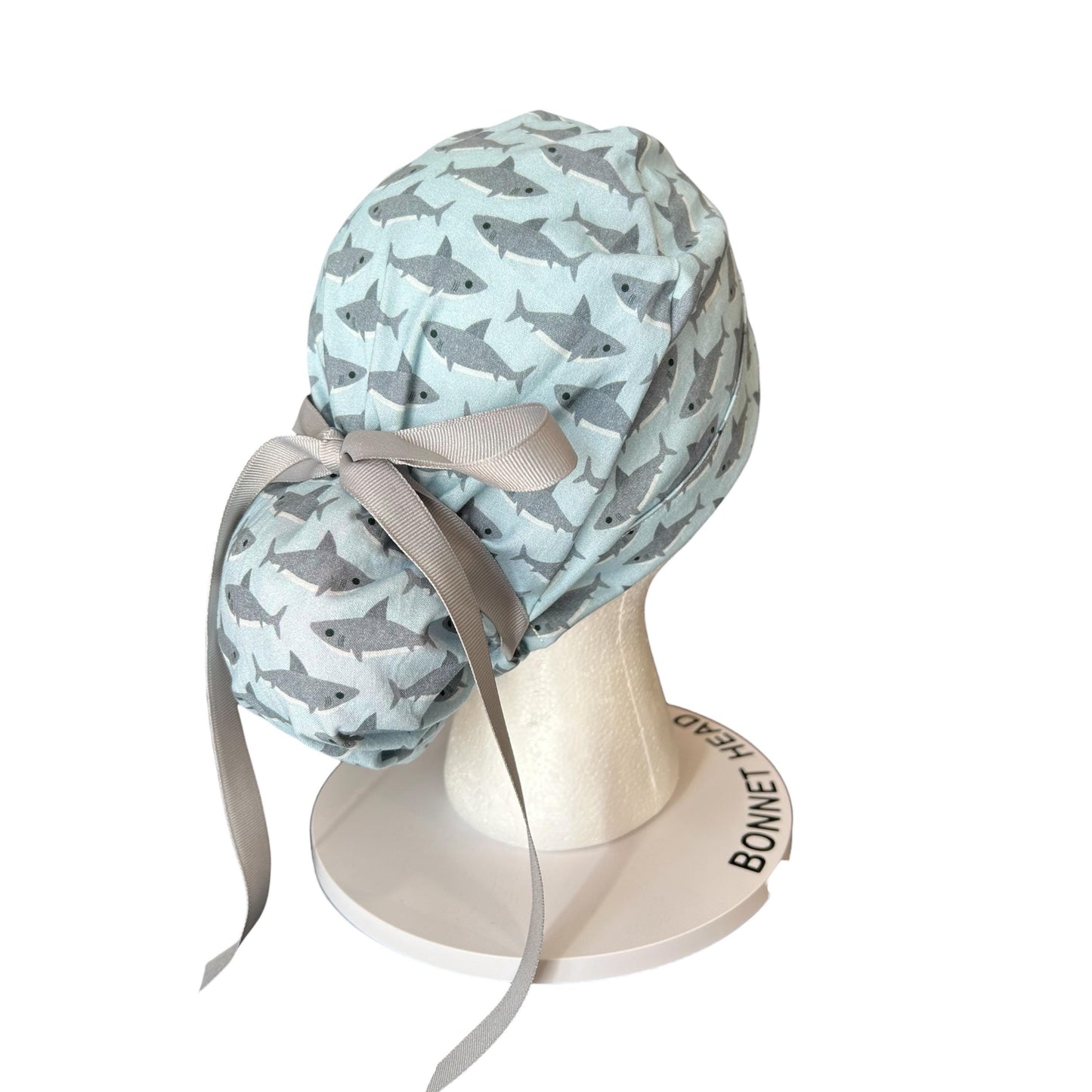 Shark Print Ponytail Scrub Cap- women’s scrub hat with ribbon ties and optional satin lining, nurses week gift