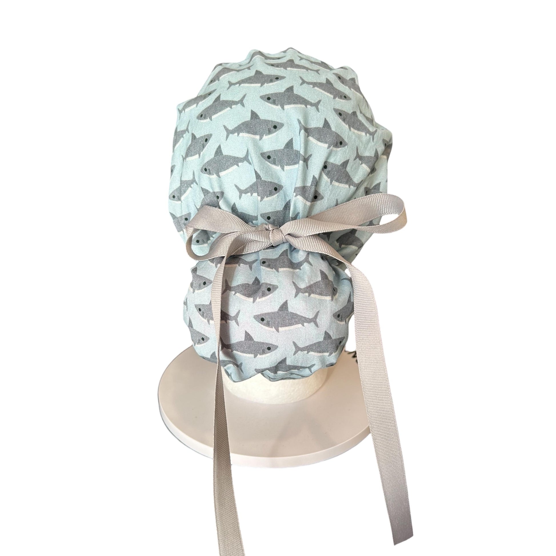Shark Print Ponytail Scrub Cap- women’s scrub hat with ribbon ties and optional satin lining, nurses week gift