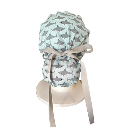 Shark Print Ponytail Scrub Cap- women’s scrub hat with ribbon ties and optional satin lining, nurses week gift