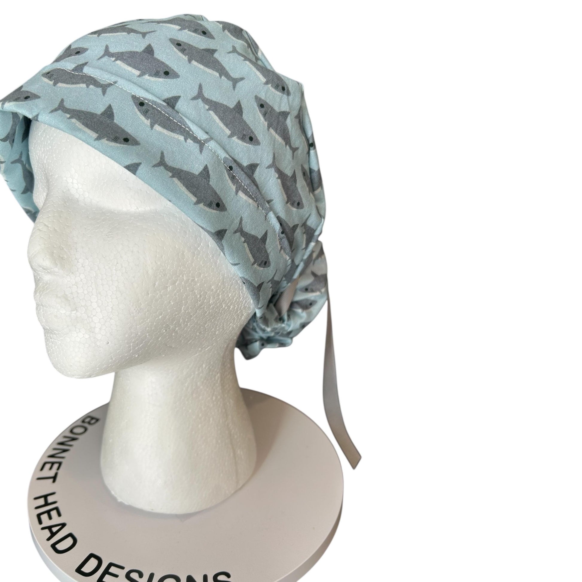Shark Print Ponytail Scrub Cap- women’s scrub hat with ribbon ties and optional satin lining, nurses week gift