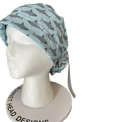 Shark Print Ponytail Scrub Cap- women’s scrub hat with ribbon ties and optional satin lining, nurses week gift