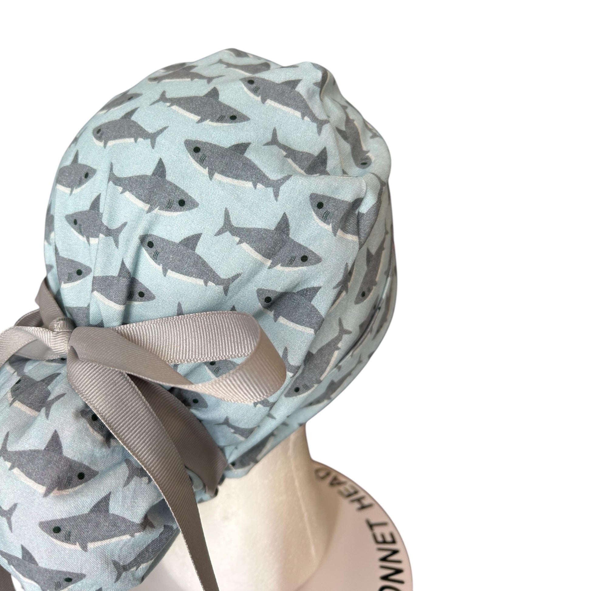 Shark Print Ponytail Scrub Cap- women’s scrub hat with ribbon ties and optional satin lining, nurses week gift