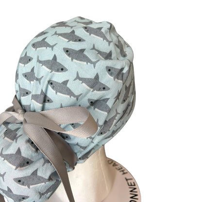 Shark Print Ponytail Scrub Cap- women’s scrub hat with ribbon ties and optional satin lining, nurses week gift