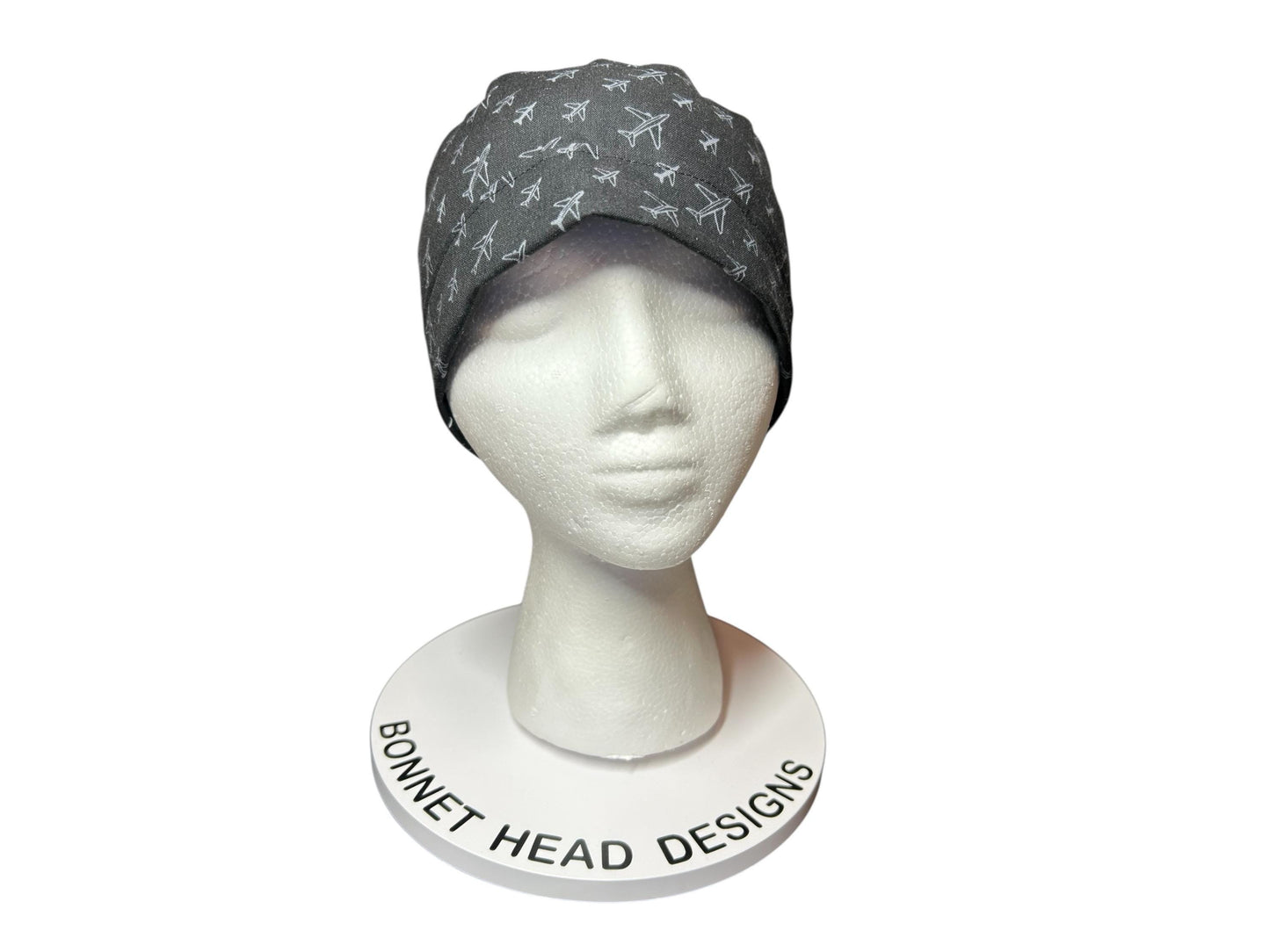 Airplane Print women's ponytail scrub cap with satin lining option