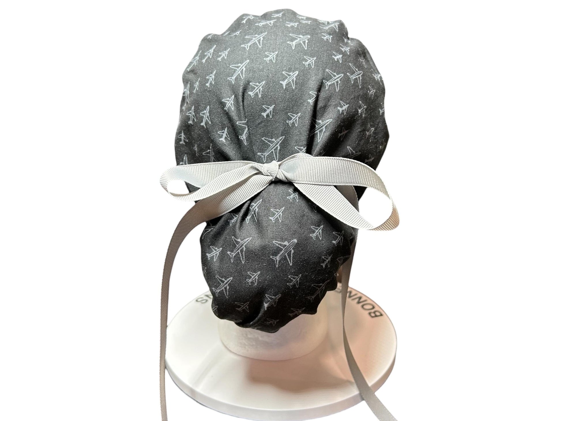 Airplane Print women's ponytail scrub cap with satin lining option