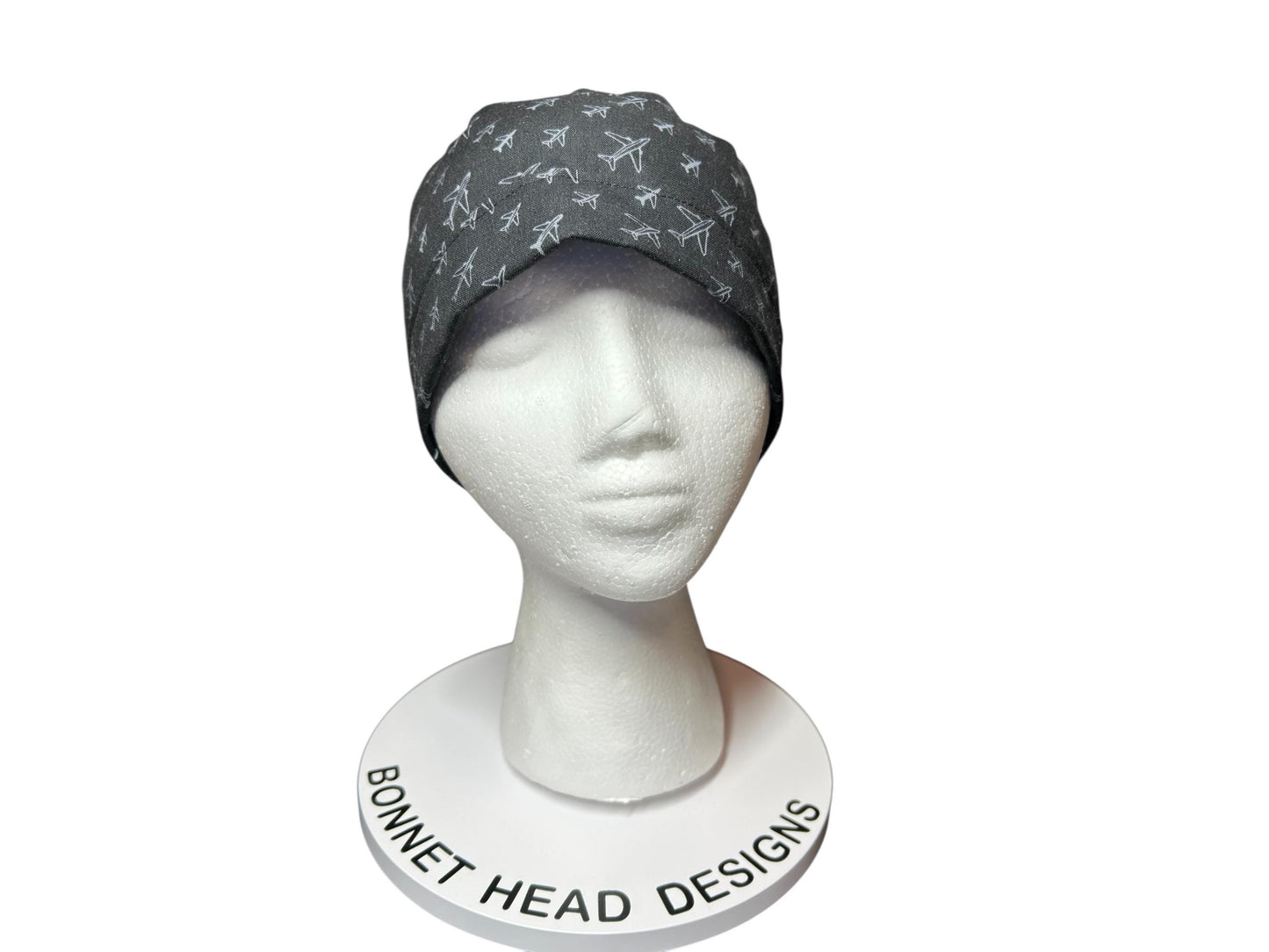 Airplane Print women's ponytail scrub cap with satin lining option