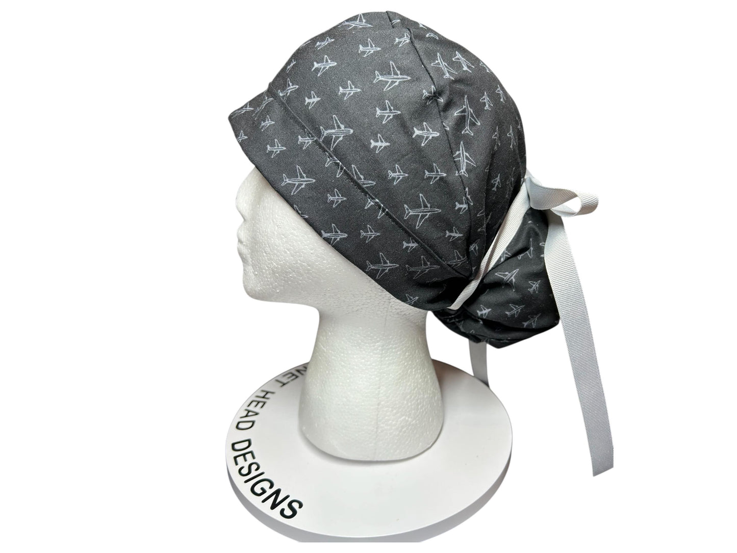 Airplane Print women's ponytail scrub cap with satin lining option