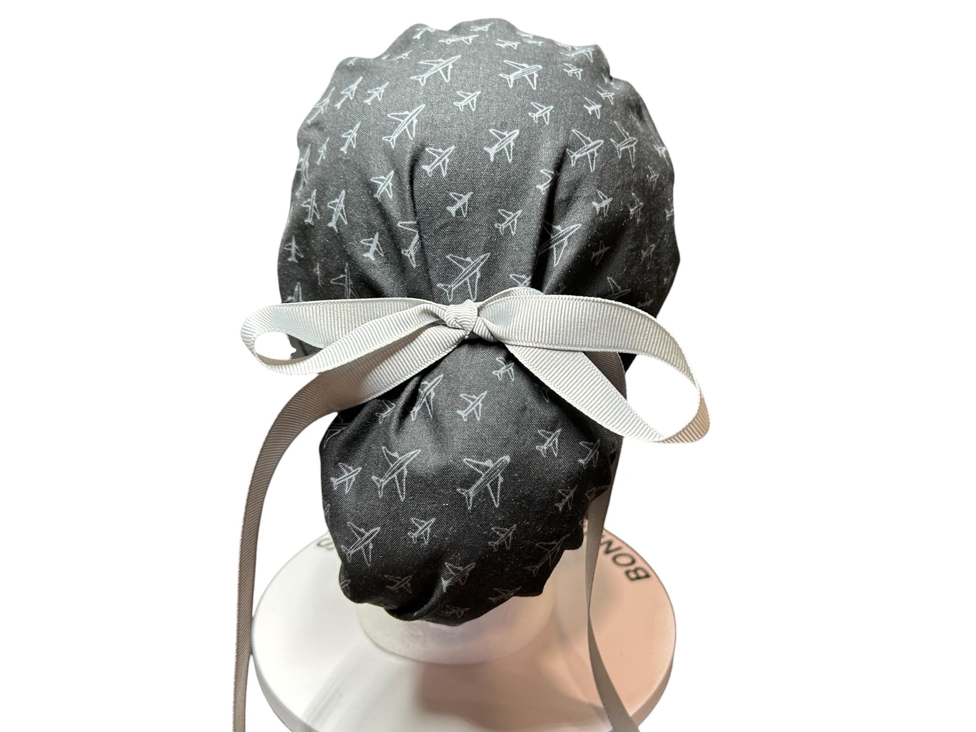 Airplane Print women's ponytail scrub cap with satin lining option