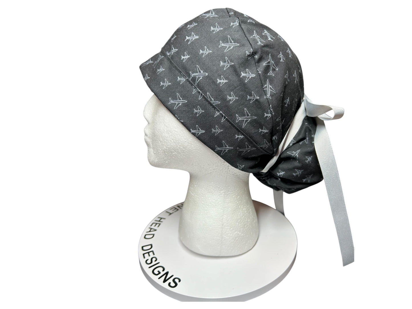 Airplane Print women's ponytail scrub cap with satin lining option