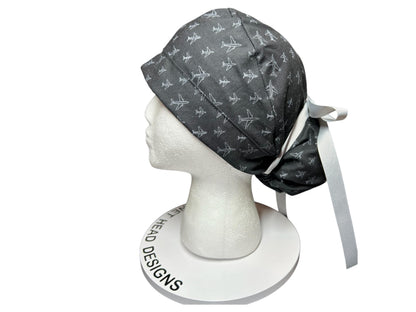 Airplane Print women's ponytail scrub cap with satin lining option
