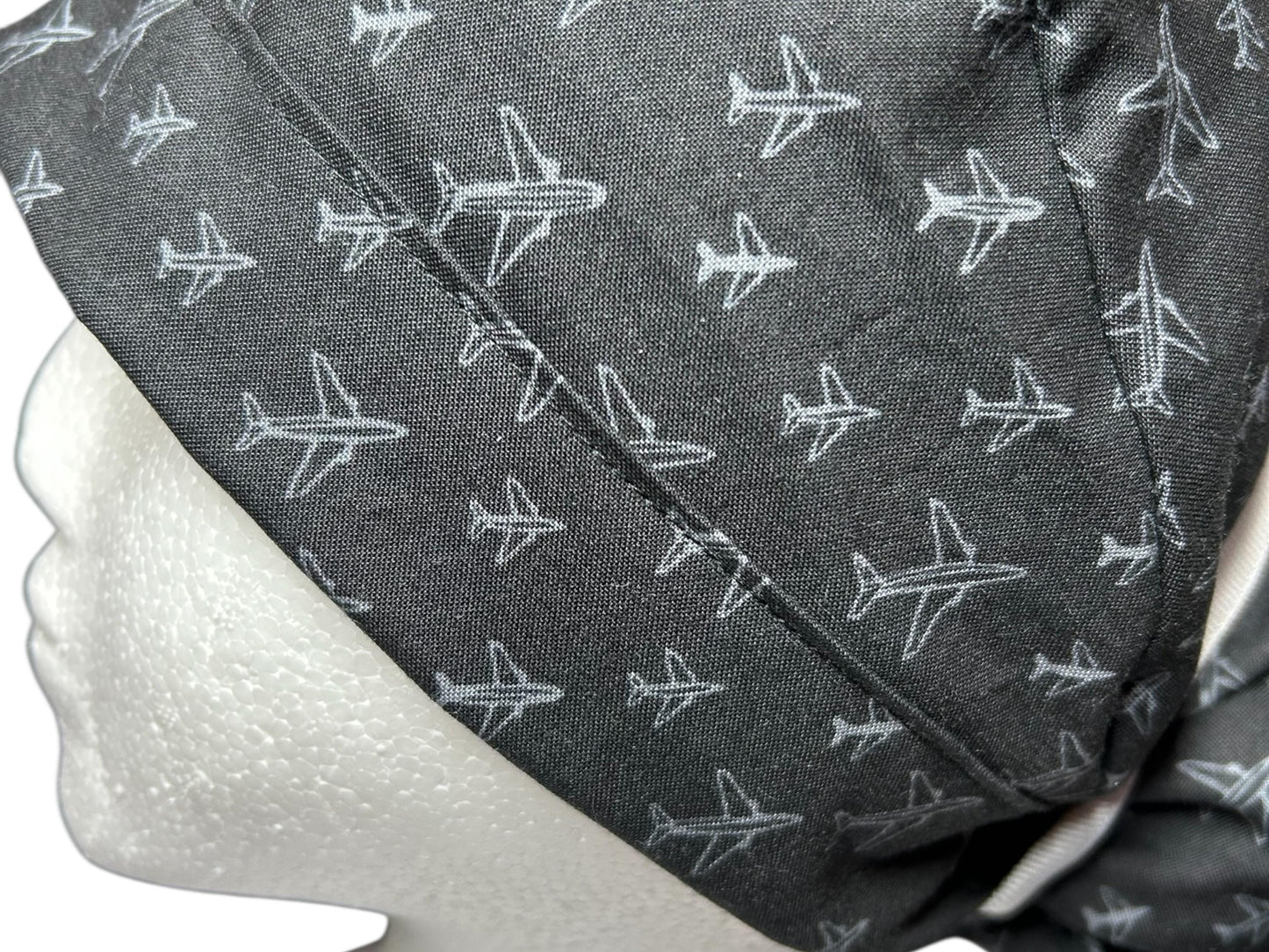 Airplane Print women's ponytail scrub cap with satin lining option
