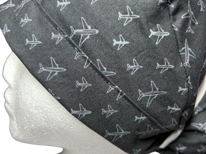 Airplane Print women's ponytail scrub cap with satin lining option