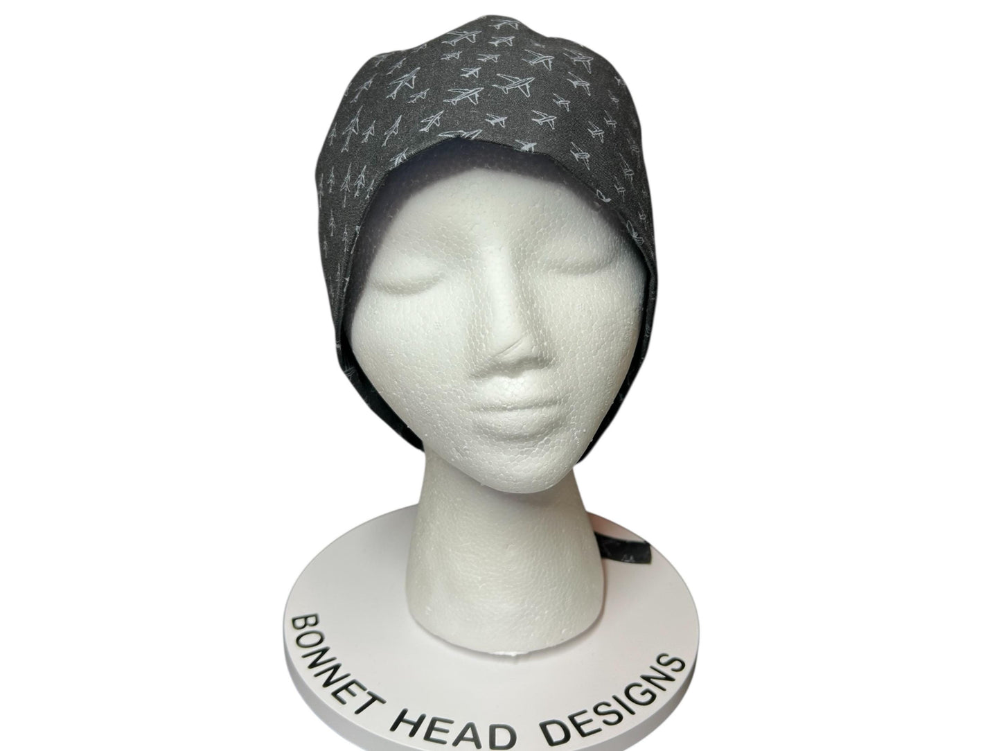 Scrub caps for men: Black and Gray Airplane print, surgeon style with ties