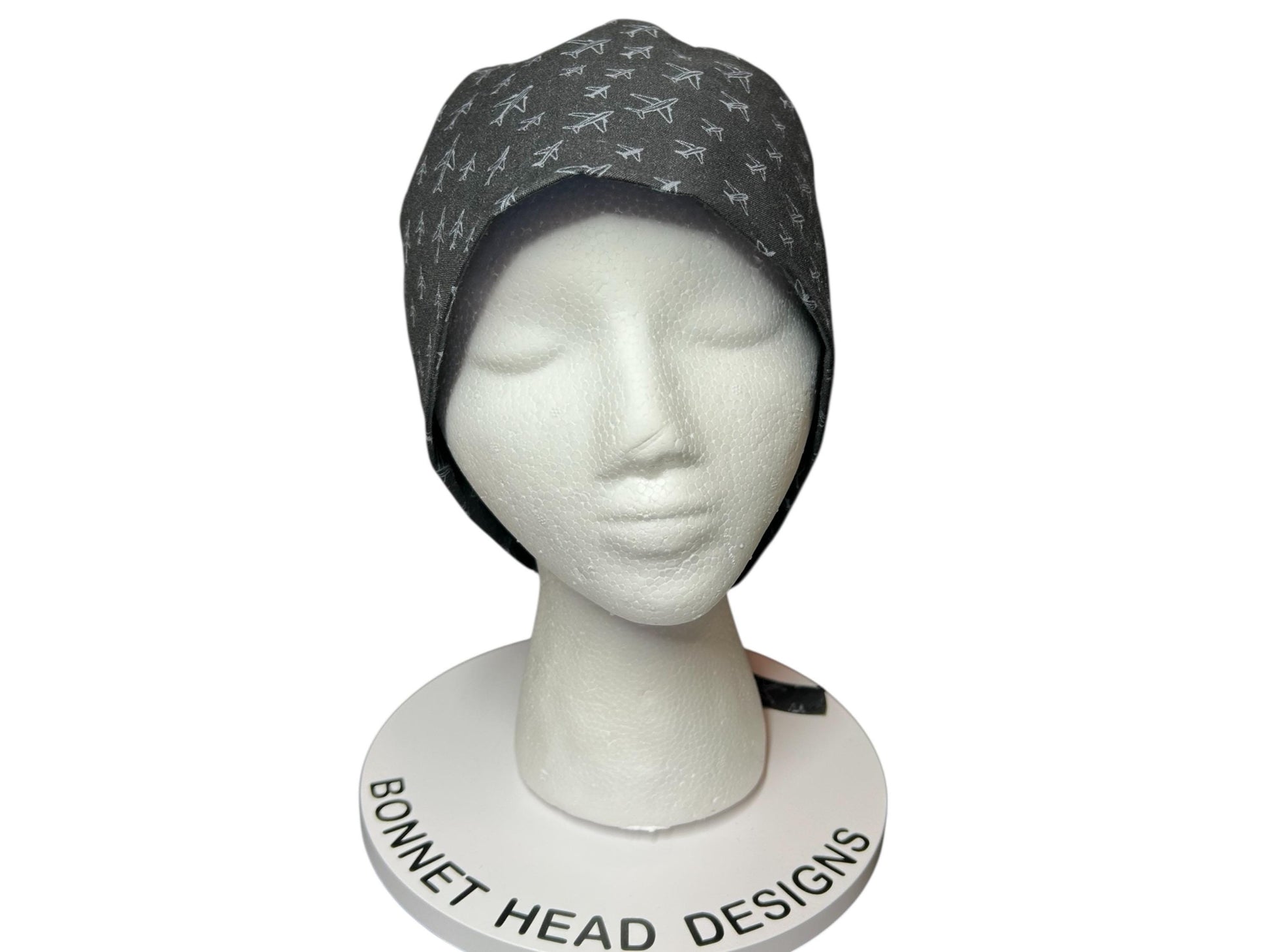 Scrub caps for men: Black and Gray Airplane print, surgeon style with ties