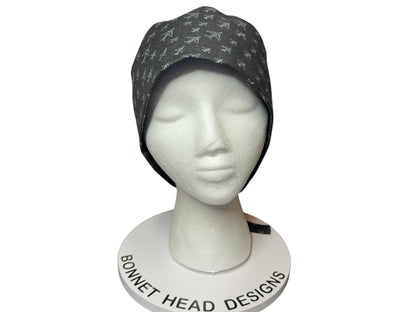 Scrub caps for men: Black and Gray Airplane print, surgeon style with ties