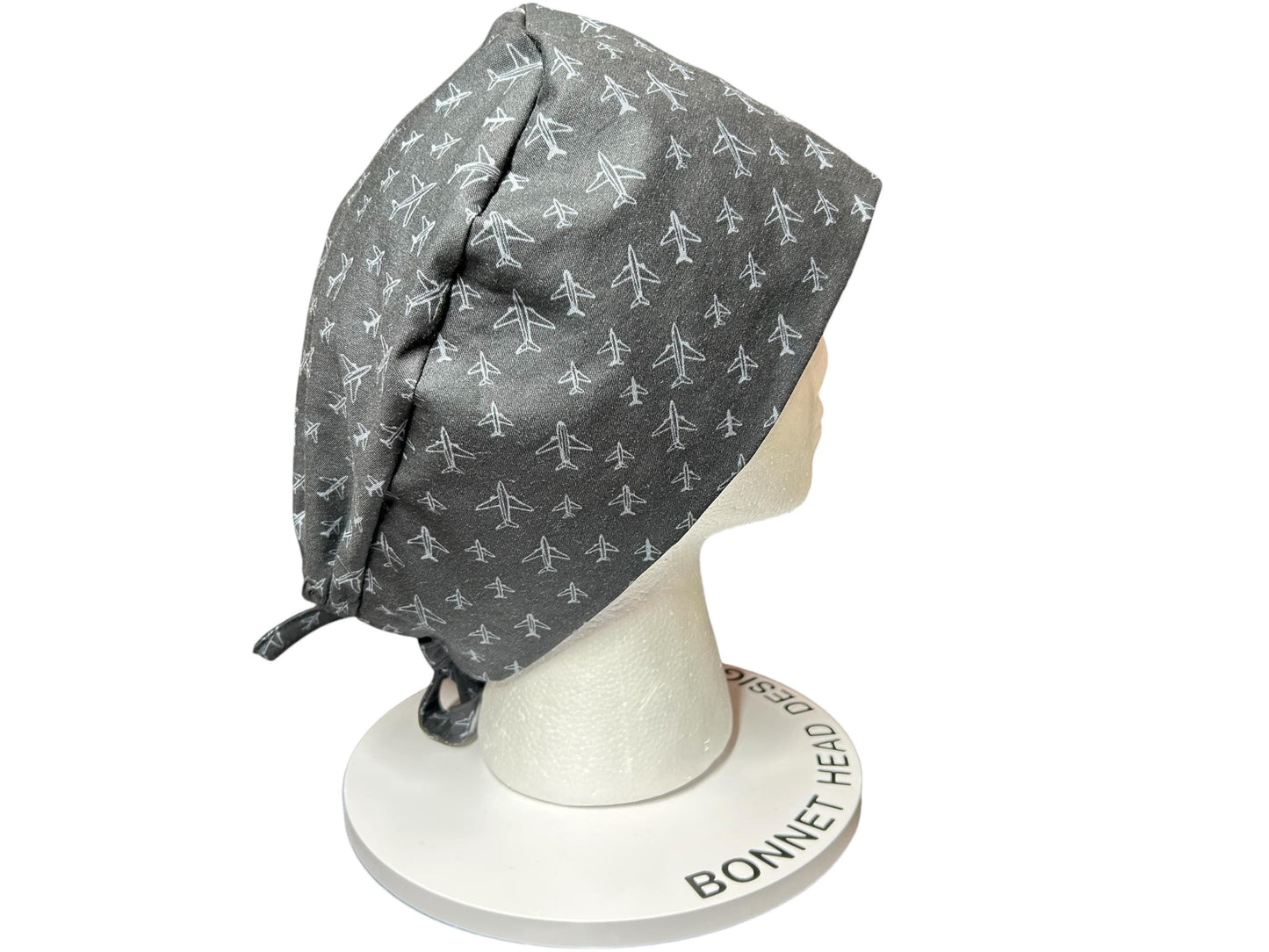 Scrub caps for men: Black and Gray Airplane print, surgeon style with ties