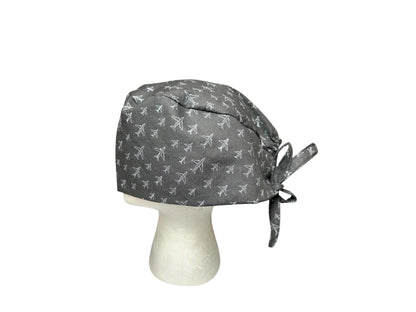 Scrub caps for men: Black and Gray Airplane print, surgeon style with ties