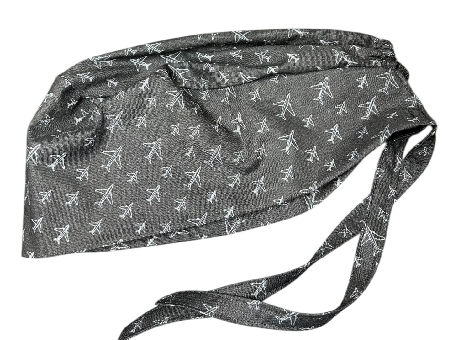 Scrub caps for men: Black and Gray Airplane print, surgeon style with ties