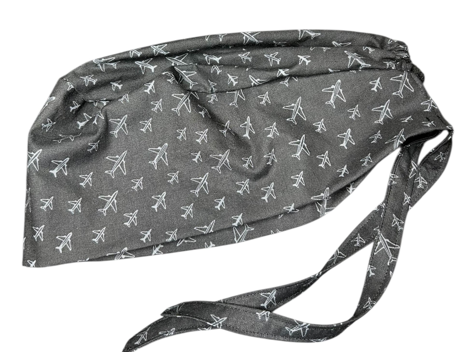 Scrub caps for men: Black and Gray Airplane print, surgeon style with ties