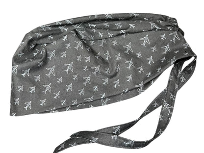 Scrub caps for men: Black and Gray Airplane print, surgeon style with ties