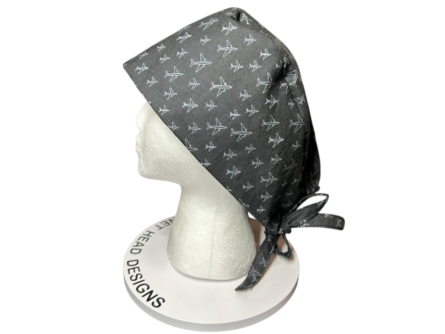 Scrub caps for men: Black and Gray Airplane print, surgeon style with ties