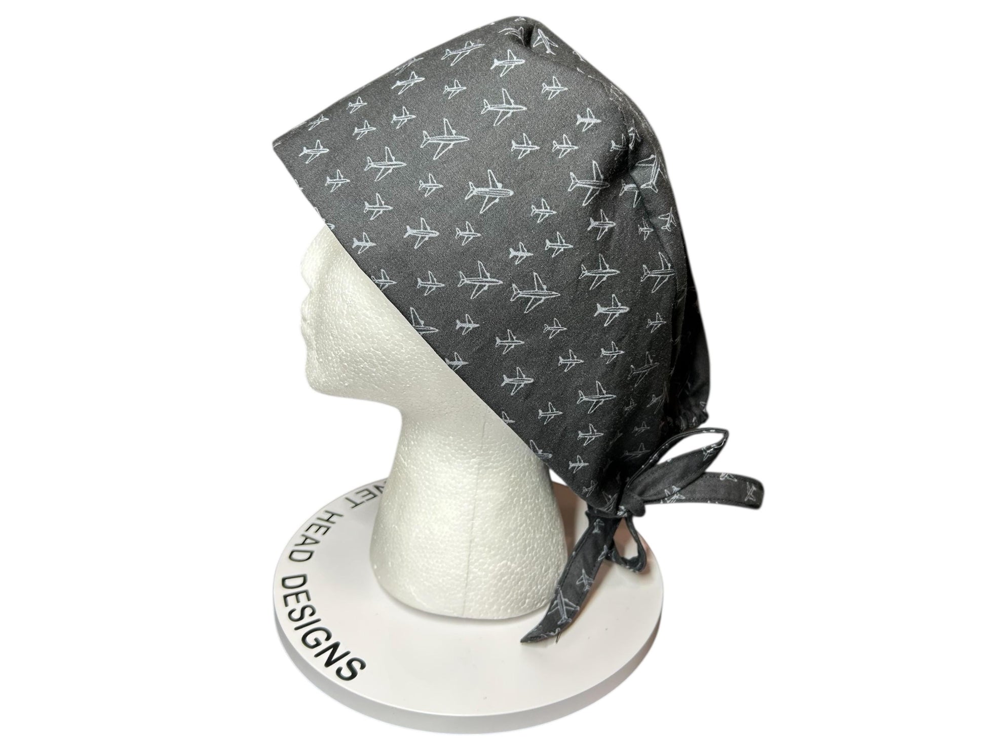 Scrub caps for men: Black and Gray Airplane print, surgeon style with ties