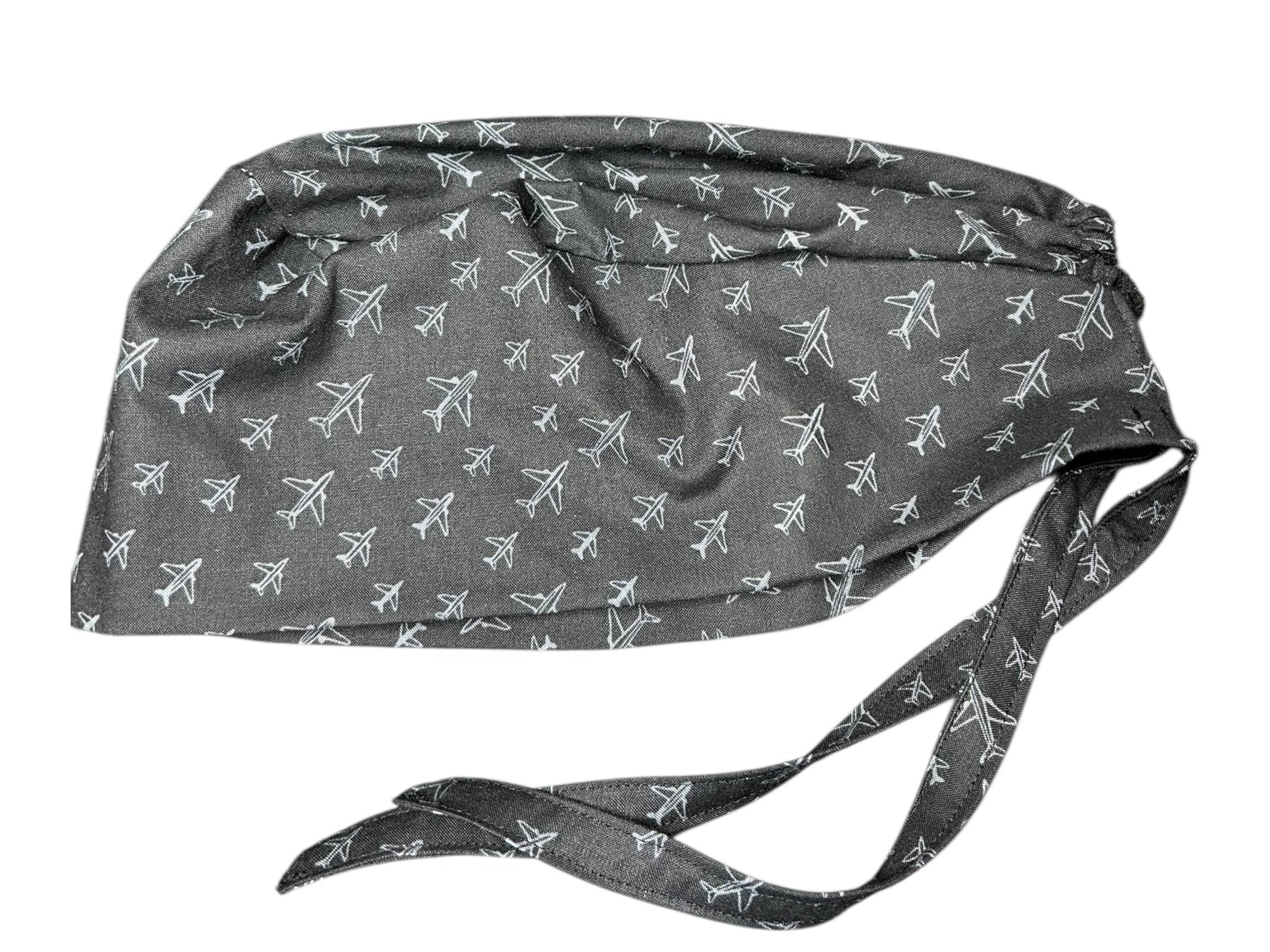 Scrub caps for men: Black and Gray Airplane print, surgeon style with ties
