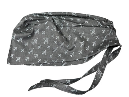 Scrub caps for men: Black and Gray Airplane print, surgeon style with ties