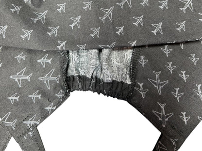 Scrub caps for men: Black and Gray Airplane print, surgeon style with ties