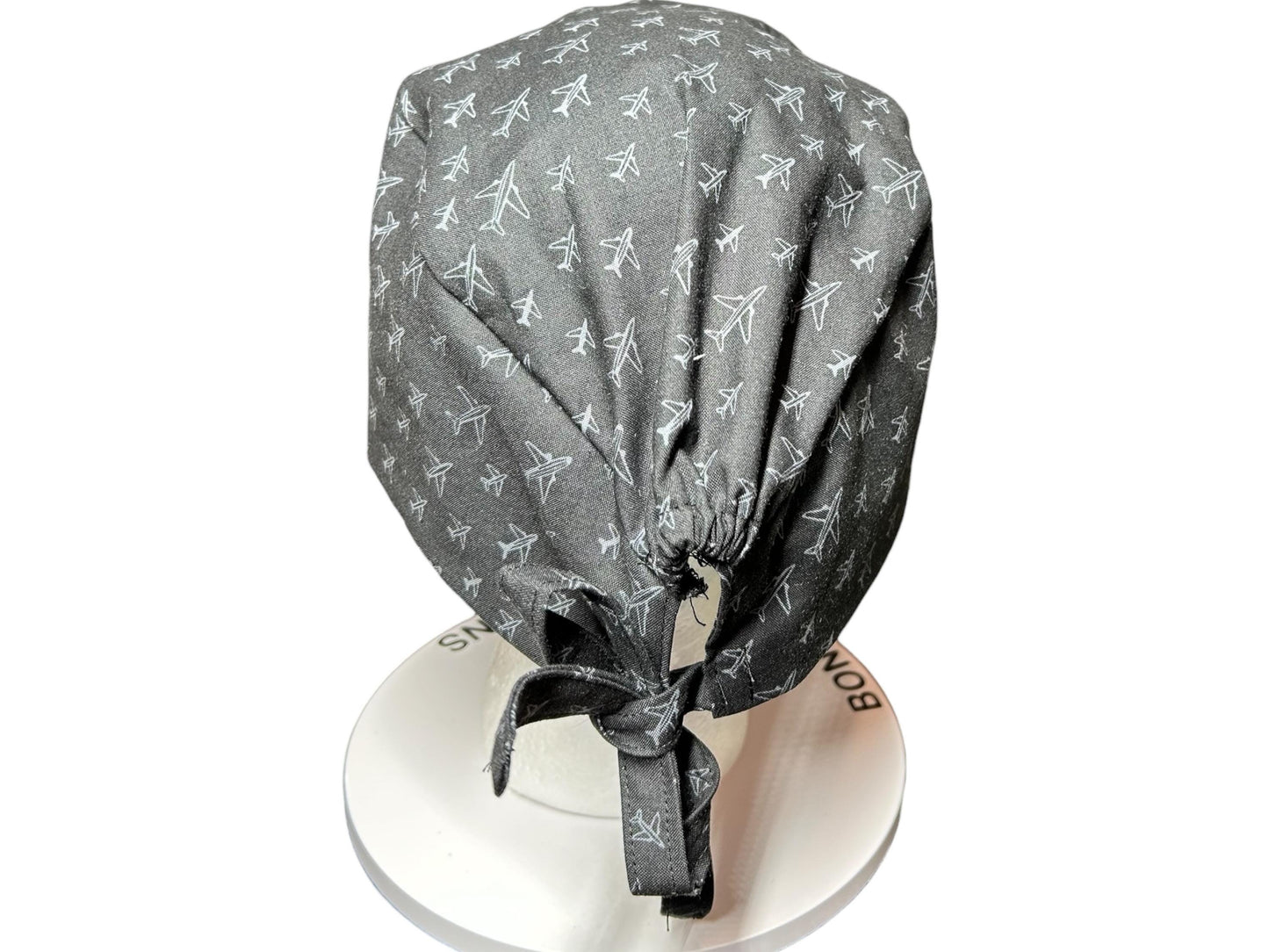 Scrub caps for men: Black and Gray Airplane print, surgeon style with ties
