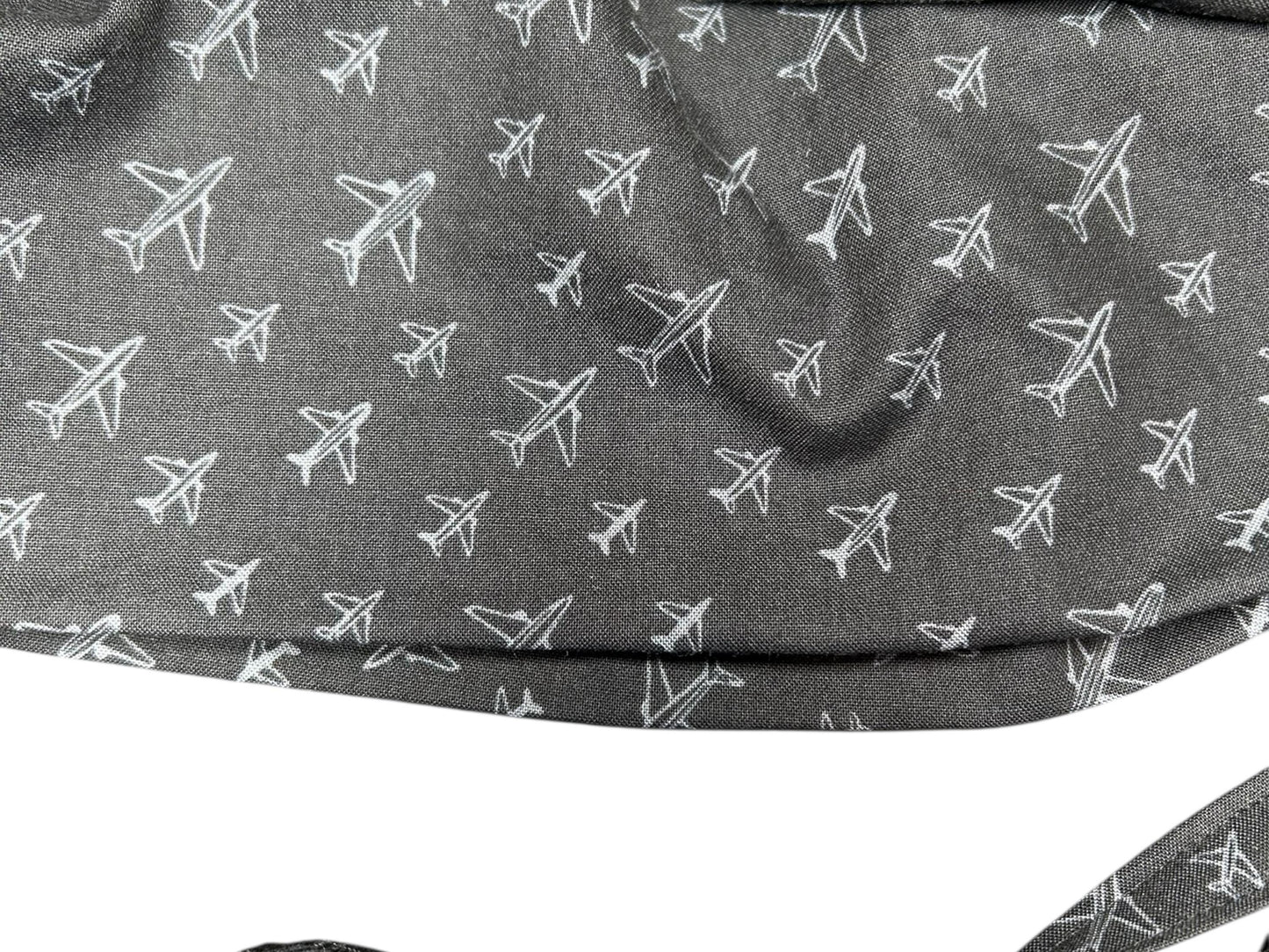 Scrub caps for men: Black and Gray Airplane print, surgeon style with ties