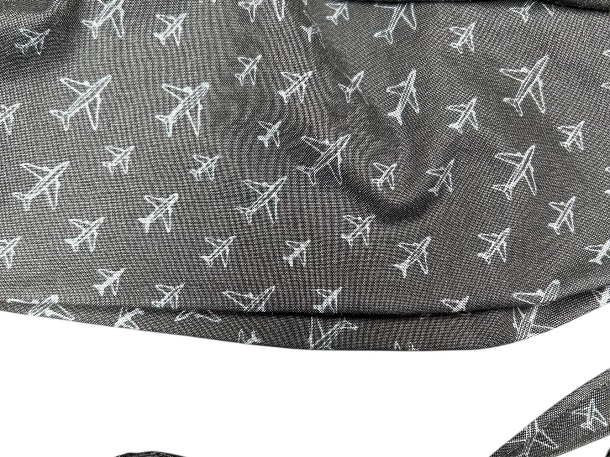 Scrub caps for men: Black and Gray Airplane print, surgeon style with ties