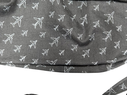Scrub caps for men: Black and Gray Airplane print, surgeon style with ties