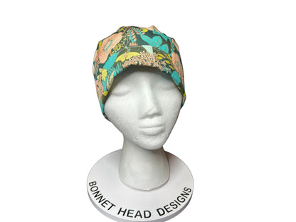 Art Gallery Spring Floral Ponytail Scrub Hat: Teal and Peach Floral