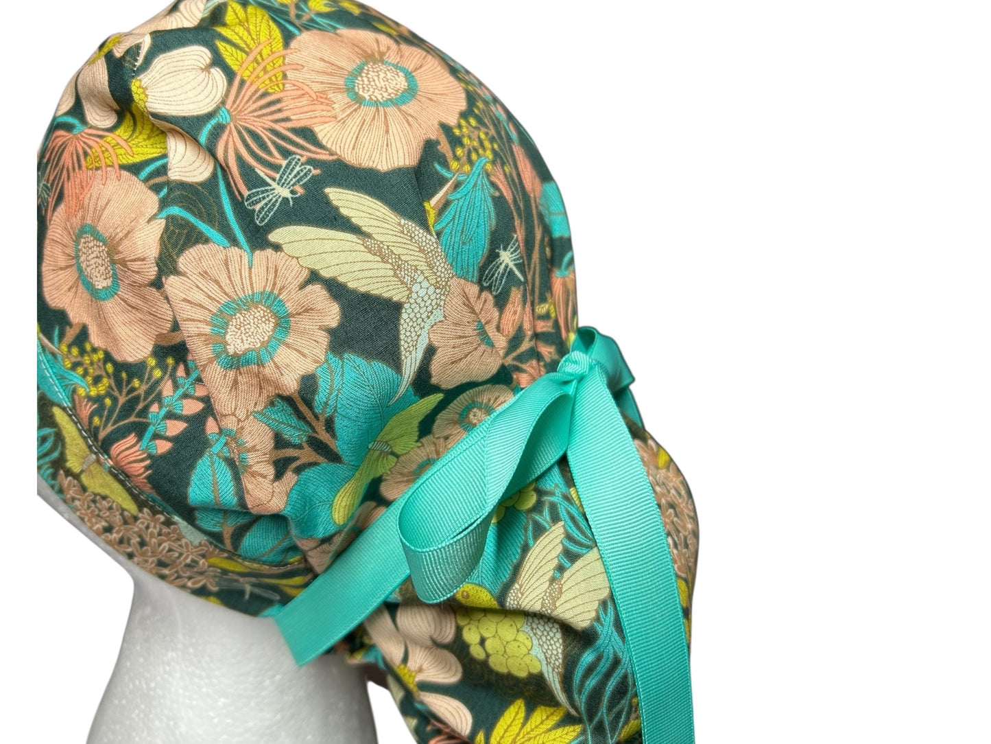 Art Gallery Spring Floral Ponytail Scrub Hat: Teal and Peach Floral