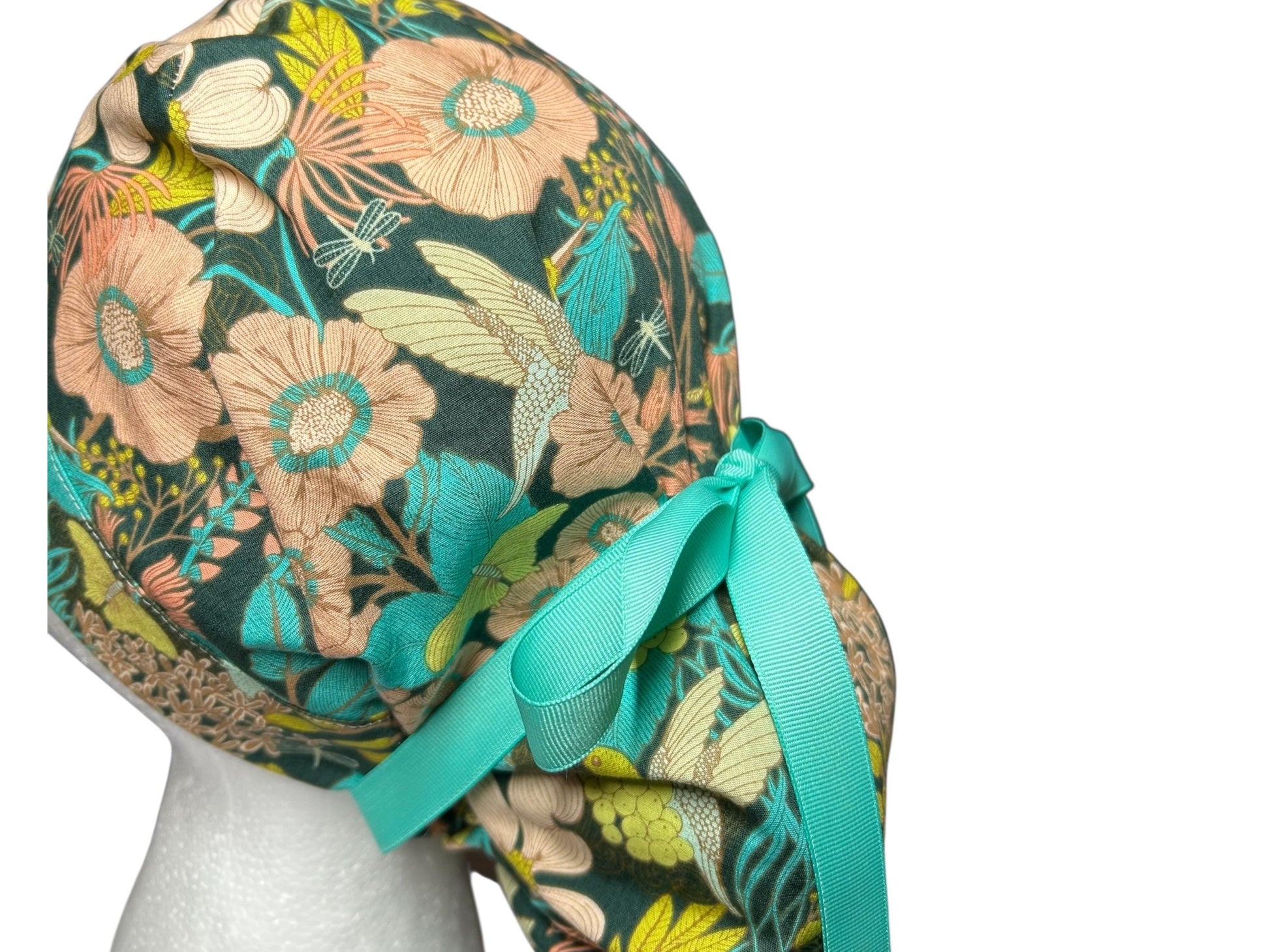 Art Gallery Spring Floral Ponytail Scrub Hat: Teal and Peach Floral
