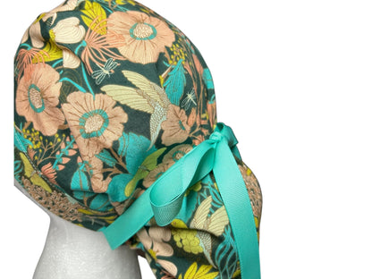 Art Gallery Spring Floral Ponytail Scrub Hat: Teal and Peach Floral