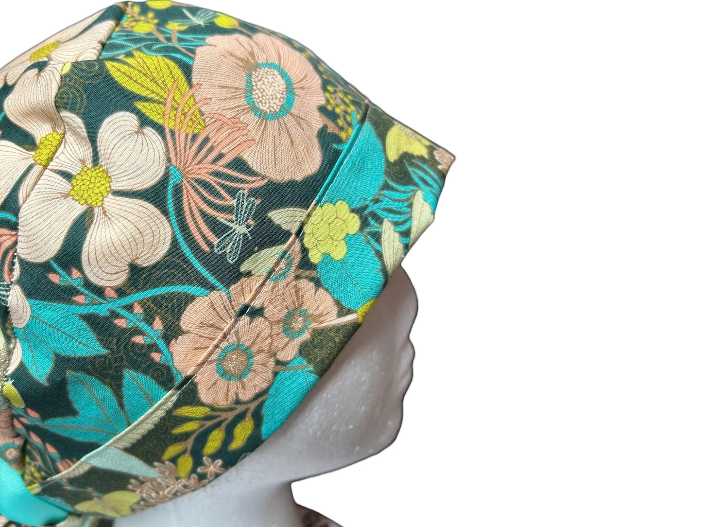 Art Gallery Spring Floral Ponytail Scrub Hat: Teal and Peach Floral