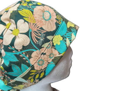 Art Gallery Spring Floral Ponytail Scrub Hat: Teal and Peach Floral