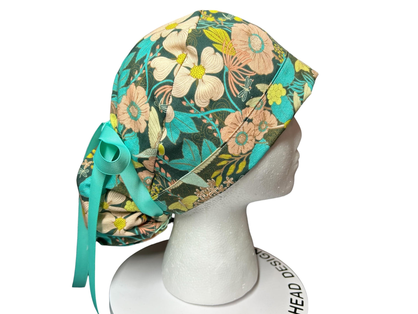 Art Gallery Spring Floral Ponytail Scrub Hat: Teal and Peach Floral